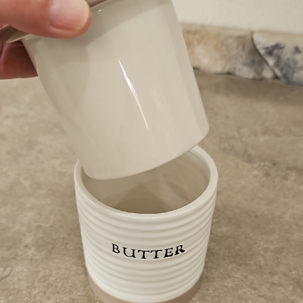 Ceramic Butter Dish with Lid - White and Tan - Picture 2 of 8